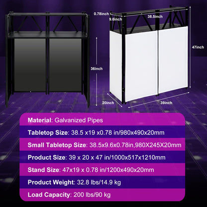 Portable DJ Booth Table,Foldable DJ Table Stand with White & Black Scrim,Adjustable DJ Facade Booth Station Metal Frame with Cable Hole for Private Events, Clubs, Bars (Double Deck)