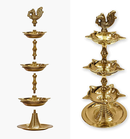 Craftsman Brass Kerala Samai Diya - 3 Step Adjustable Oil Lamp, Peacock Design, Gold, 8.5 inch - Traditional Pooja Deepak for Diwali