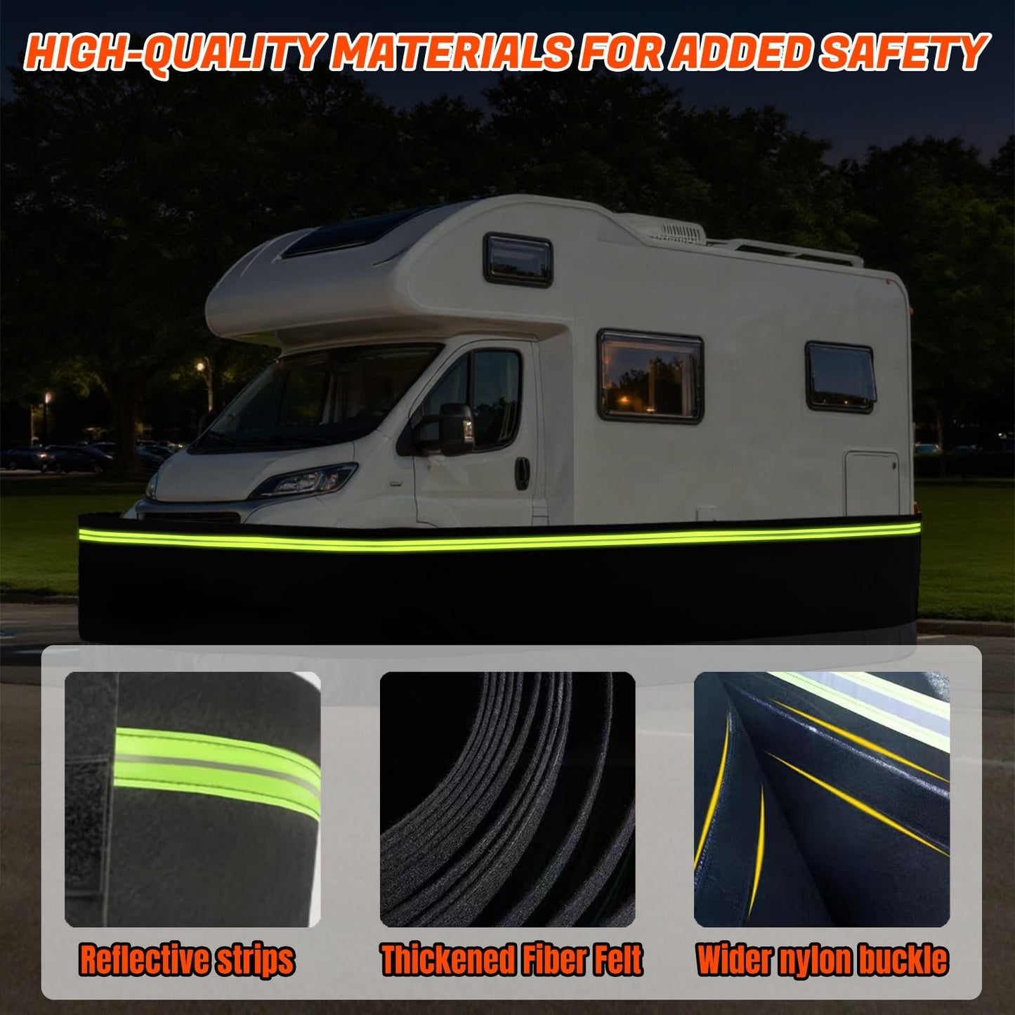 JeCgRrY RV Skirt for Travel Trailer, Panels Wind and Snow Proof, Camper skirting, All-Weather Protection Barrier with Easy Installation Kit Night Reflective Strip(2.6ft High,20m/65ft)