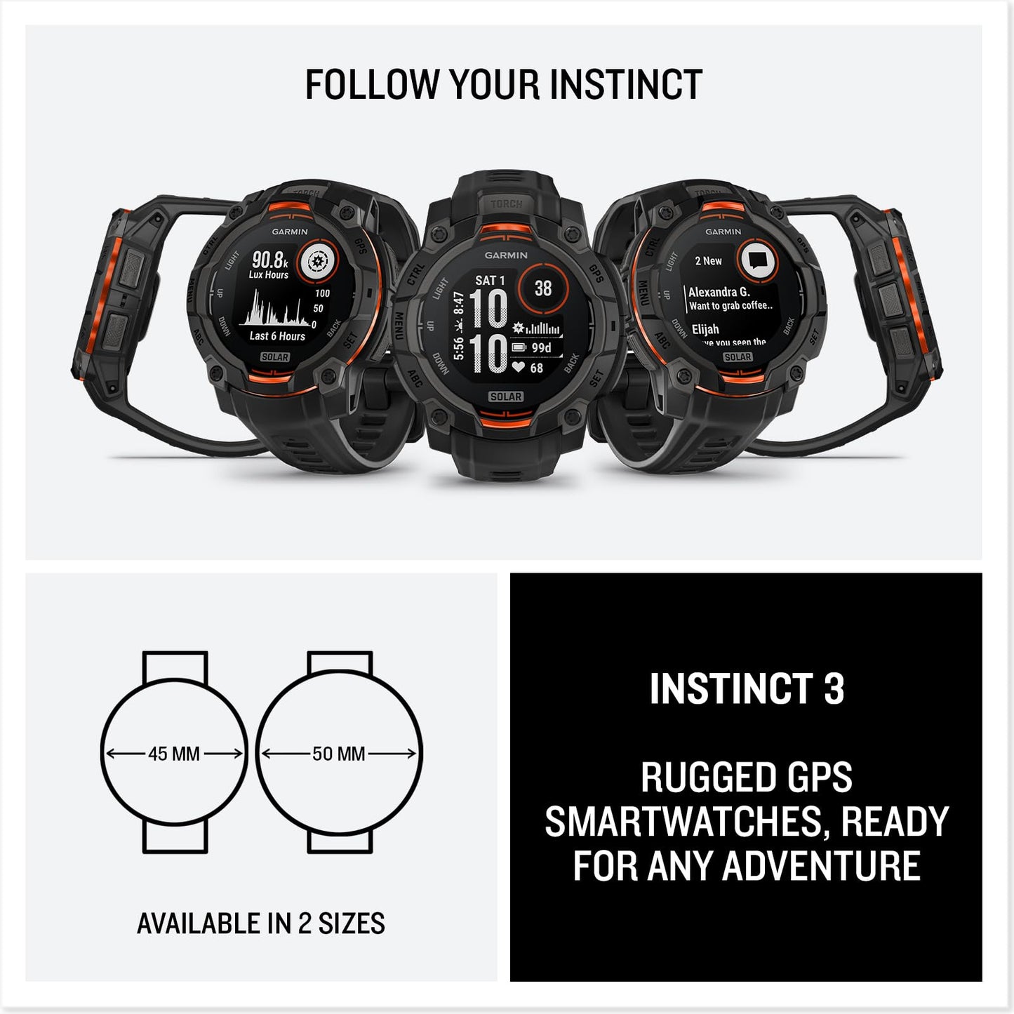 Garmin Instinct® 3 45mm, Solar Charged Display, Rugged Outdoor GPS Smartwatch, Metal-Reinforced Bezel, Built-in Flashlight, Black