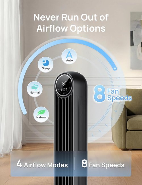DREO Bladeless Tower Fan - Ultra Quiet 20dB with 8 Speeds & 90° Oscillation | High Velocity 28ft/s, Black