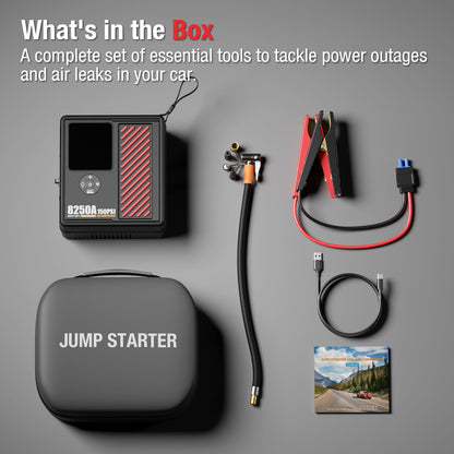 JFEGWO 8250A Jump Starter with 150PSI Air Compressor, 12V Car Battery Booster, 24000mAh Portable Tire Inflator for 12L Gas/10L Diesel, LED Display, LED Light, Storage Case, Jumper Cables Red
