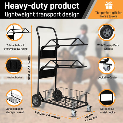 Heavy Duty Two Tier Saddle Rack Stand, Wheeled Saddle Cart with Basket, Ideal for Storing, Transporting, Organizing, and Moving Supplies - Detachable