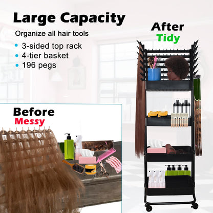Braiding Hair Rack with 196 Pegs, Hair Extension Holder with 4 Tiers Storage Cart, Classical Black Braiding Rack Stand for Hair Braider, Sturdy Hair Rack for Salon, Home, Braiding School
