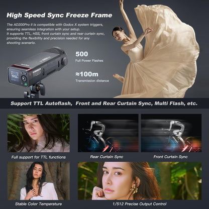 GODOX AD200 PRO II Flash (2025) AD200 PRO Strobe, Updated 200Ws 2.4G 1/512 to Full Power (1/1) Ten-Step Power Adjustment, Color Temperature Constant Mode ±100K Flash Head Pocket Flash Monolight