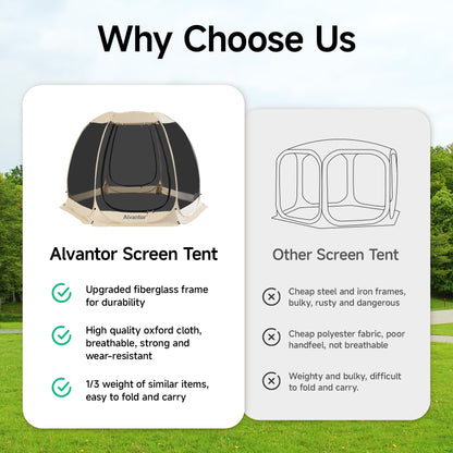 Alvantor® Screen House Room Camping Tent Outdoor Canopy Pop Up Sun Shade Hexagon Shelter Mesh Walls Not Waterproof 10'x10' Beige Patent Pending