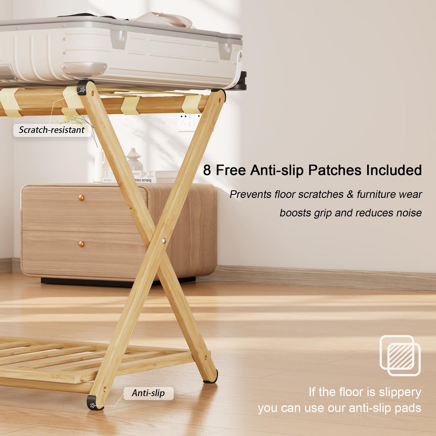 SANLUCE Fully Assembled Luggage Rack Set of 2 for Guest Room, Bamboo Suitcase Stand with Foldable Storage Shelf, Crossed Nylon Straps Folding Luggage Holder for Bedroom and Hotel, Natural