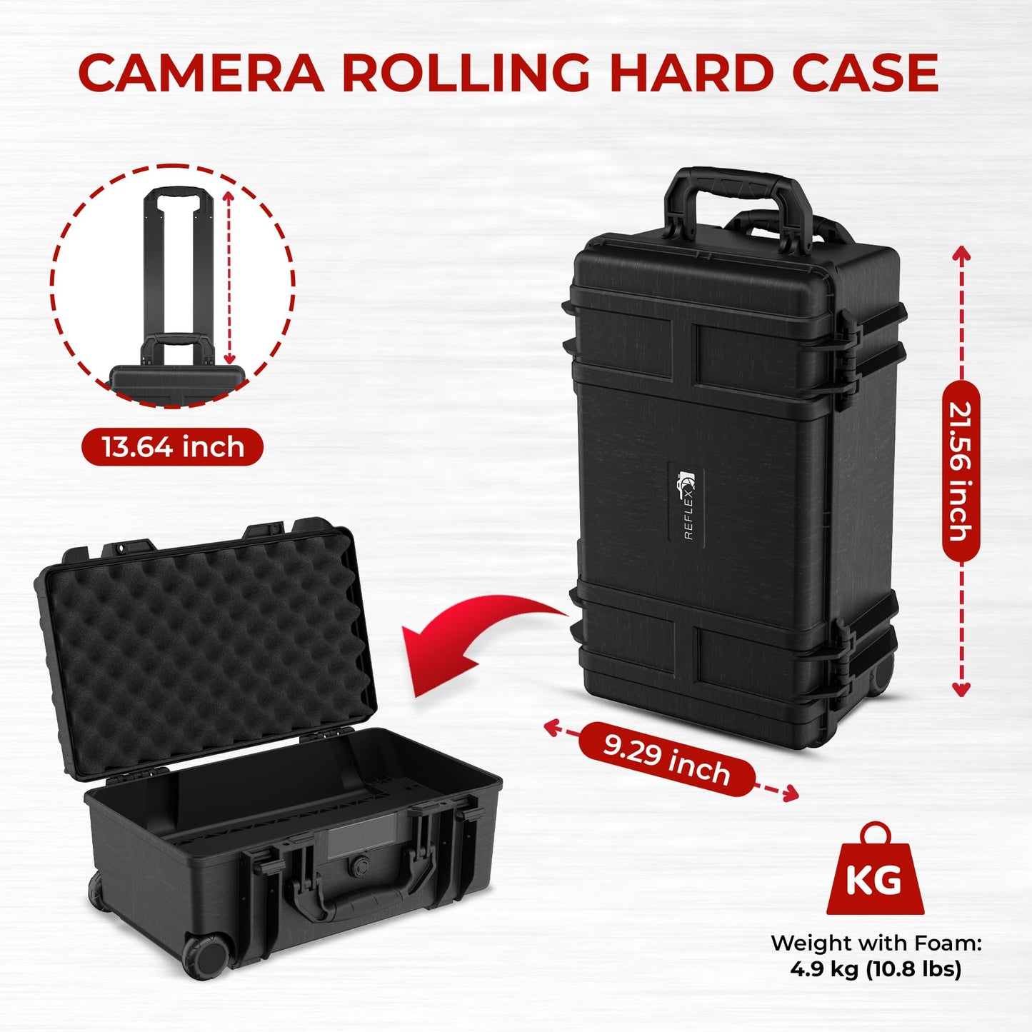 Reflex Camera Large Protective Hard Camera Case suitable for Drones, Lens, DSLR & Guns. Smooth Rolling Wheels, Waterproof IP67, Shockproof (Rolling Hard Case with Foam)