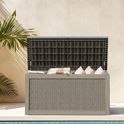 DWVO 320 Gallon Resin Outdoor Storage Box, XXL Large Waterproof Deck Box, Doubles as Table or Seating with 1000 lbs Capacity, Lockable (Brown)