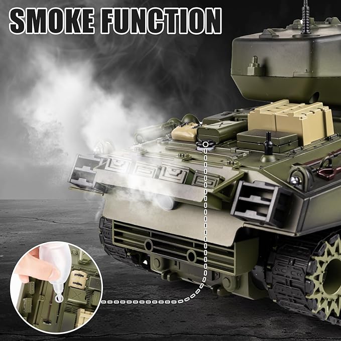 1/18 RC Tank 2.4G US M4A3 Sherman Remote Control Tank That Shoot BBS with Smoke Sound and Lights 165ft Remote Control Army Model Toy Military All-Terrain Vehicle for Kids &amp Adults