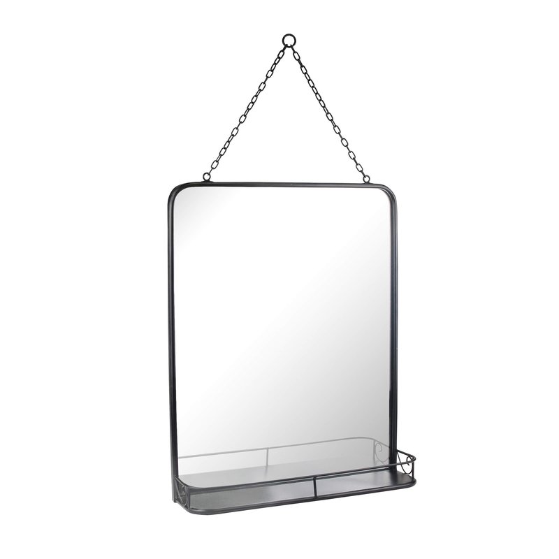Stonebriar 21" x 16" Rectangle Black Metal Wall Mirror with Hanging Chain and Shelf, Decorative Industrial Decor for the Living Room, Bedroom, Bathroom, Hallway, and Entryway