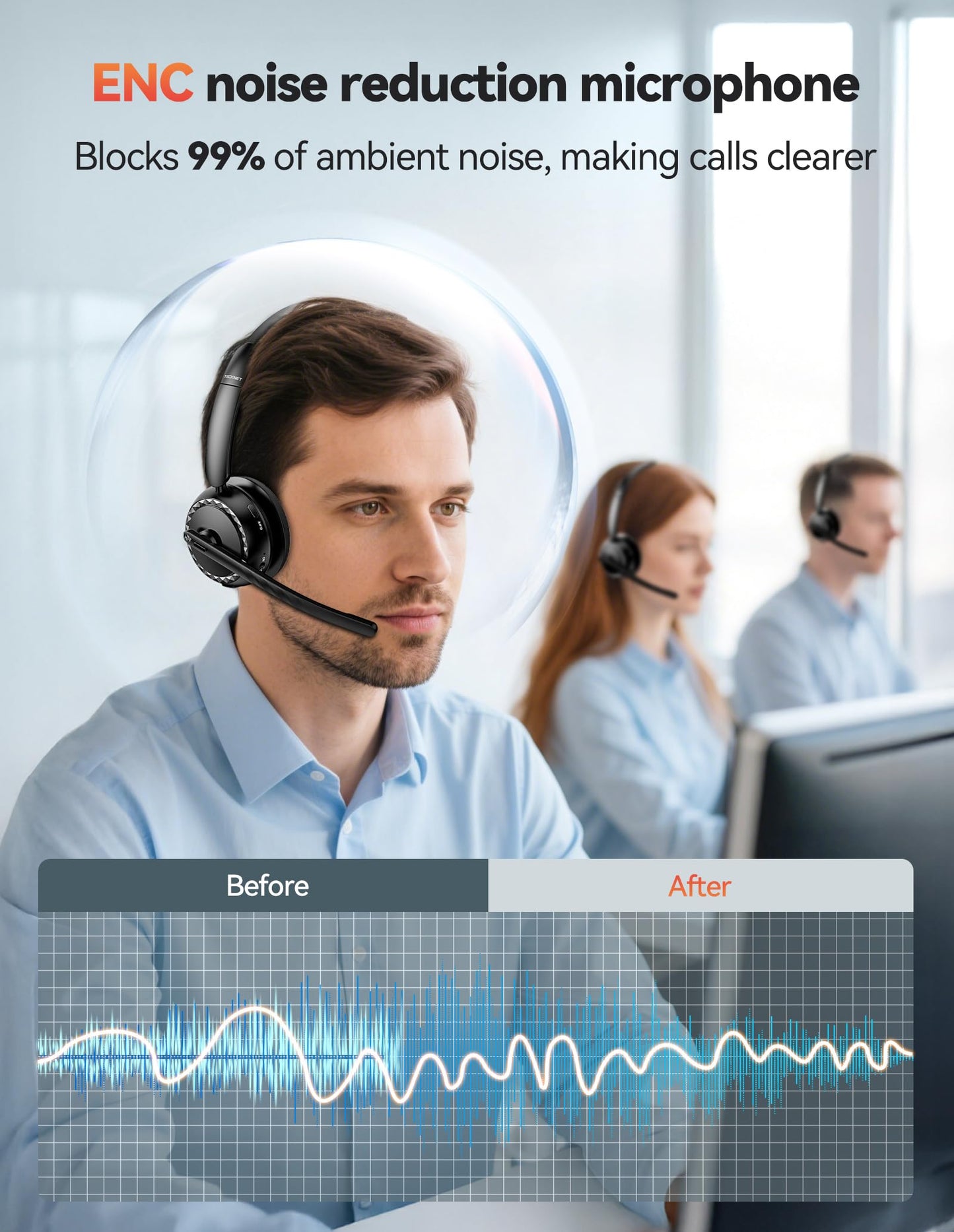 TECKNET Wireless Headset, 5.3 ENC Bluetooth Headset with Microphone, Computer Headset Rechargeable, USB Dongle, Charging Base, On-Ear Headphones for Trucker/Remote Work/Call Center