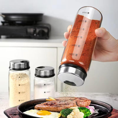 2 Piece 4-Neck Glass Seasoning Shakers with Adjustable Pour Holes - Moisture Resistant, Salt and Pepper Shakers - For Seasoning, Picnics (2 medium jars, 7oz each)