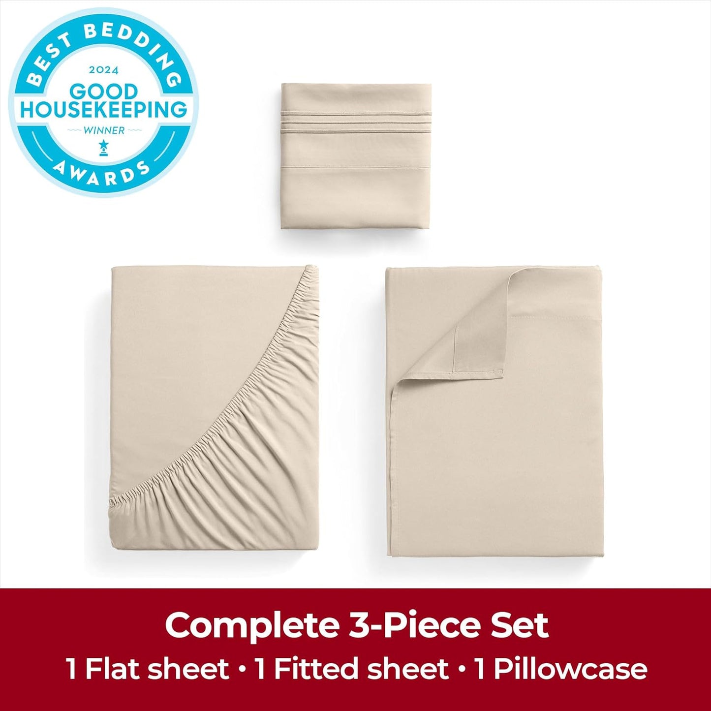 Mellanni Twin Sheets Set - 3 PC Hotel Luxury Bedding | Extra Soft, Cooling, Wrinkle-Resistant (Beige)
