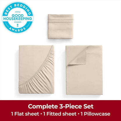 Mellanni Twin Sheets Set - 3 PC Hotel Luxury Bedding | Extra Soft, Cooling, Wrinkle-Resistant (Beige)