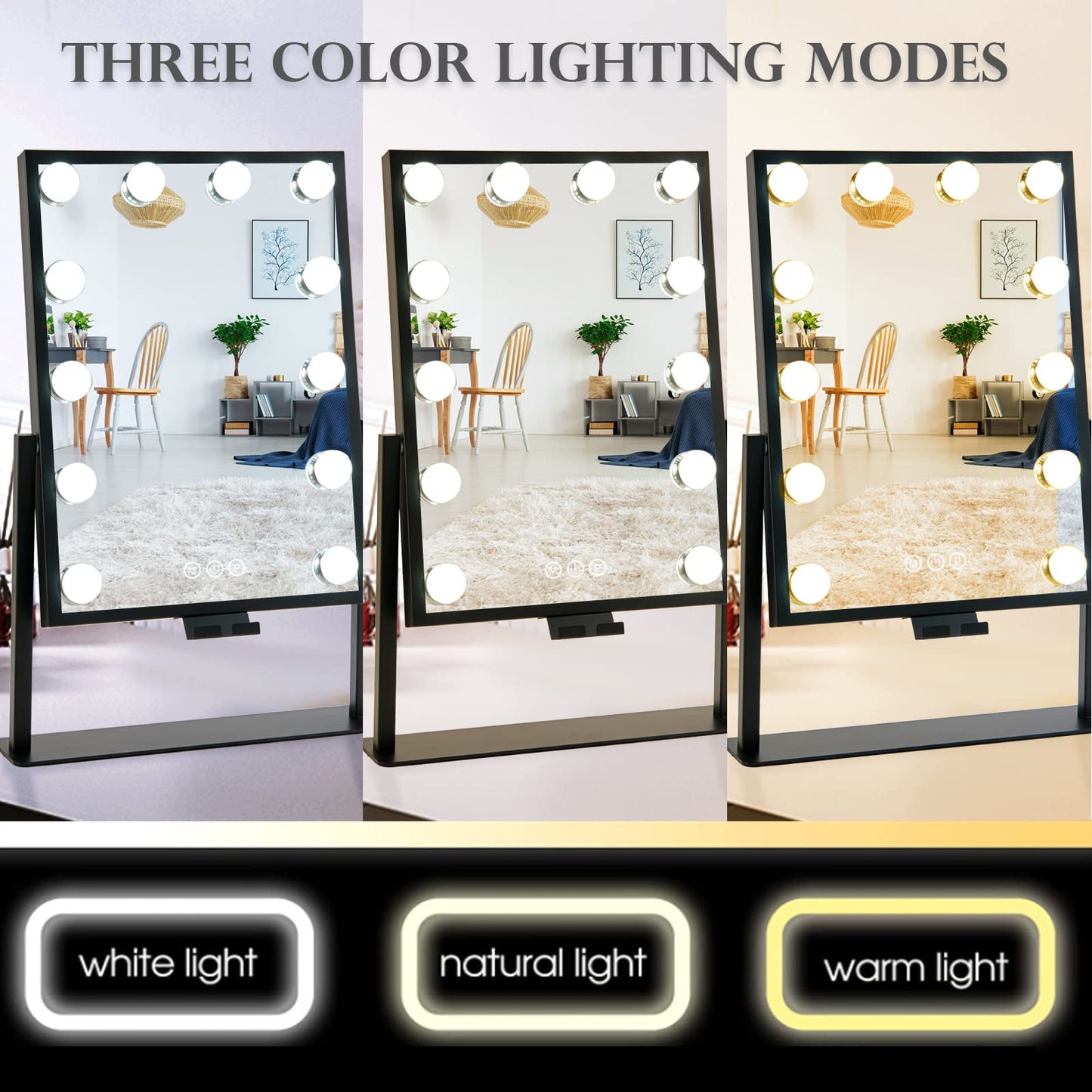 Lighted Makeup Mirror Hollywood Mirror Vanity Mirror with Lights, Touch Control Design 3 Colors Dimable LED Bulbs, Detachable 10X Magnification, 360°Rotation, (White) 12" L x 14" W