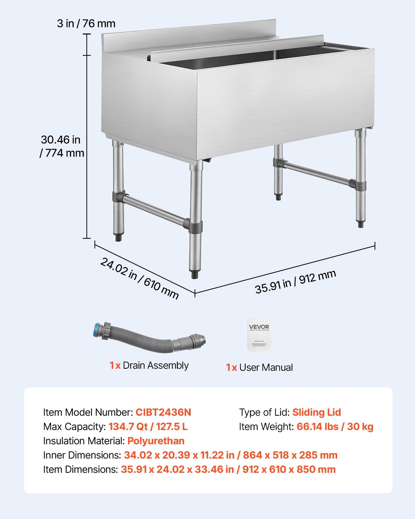 VEVOR Commercial Ice Bin, 134.7 Qt Max Capacity, 36 x 24 x 33 Inch Stainless Steel Ice Chest with Sliding Lid, 24H Long-Lasting Insulation, Cooler Cart Cocktail Unit for Bar Restaurant Pub, NSF