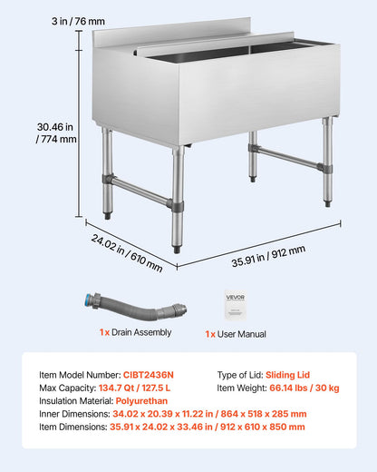 VEVOR Commercial Ice Bin, 134.7 Qt Max Capacity, 36 x 24 x 33 Inch Stainless Steel Ice Chest with Sliding Lid, 24H Long-Lasting Insulation, Cooler Cart Cocktail Unit for Bar Restaurant Pub, NSF