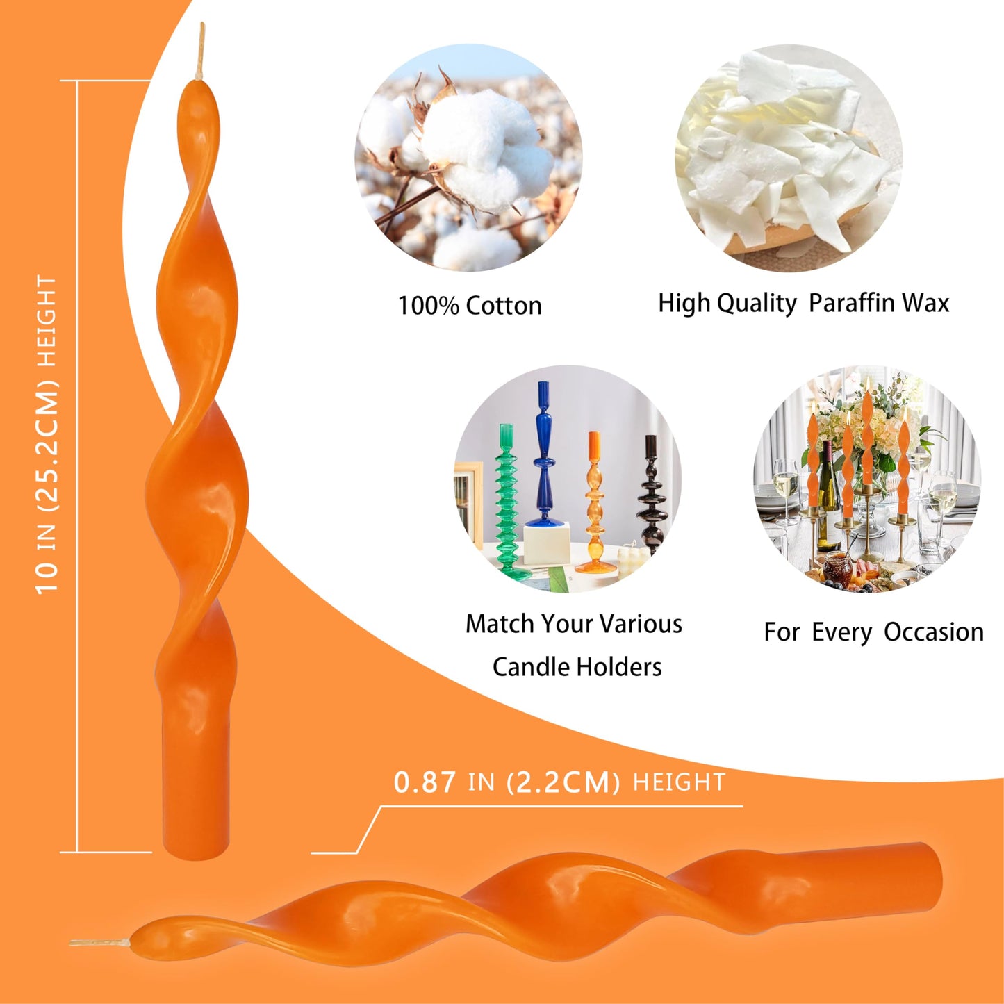 Orange Taper Candles Set of 4, 10 Inch Unscented Spiral Candle Sculptural Design, Twisted Candles Handmade Candle Sticks for Wedding Dinner Home Decor Gift