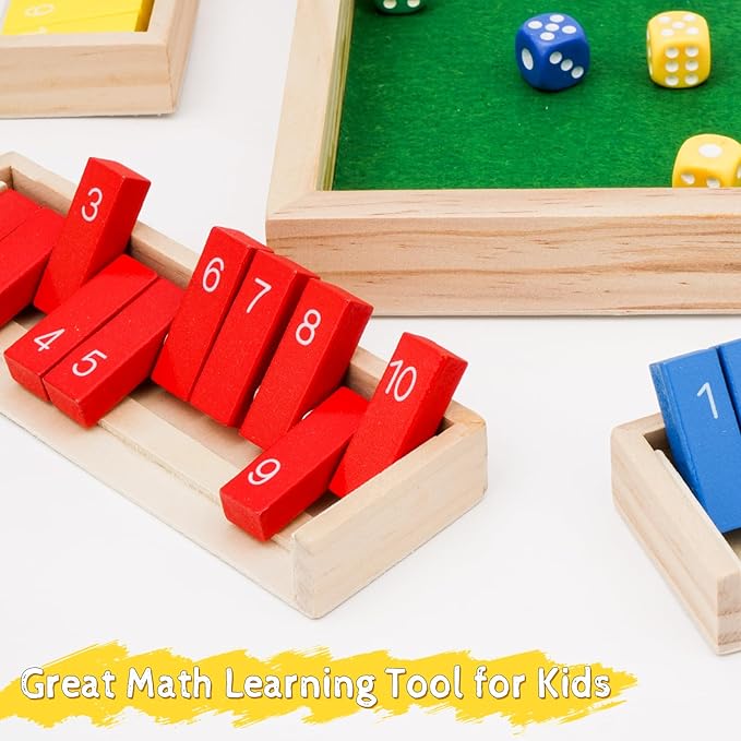 Upgraded 1-6 Players Shut The Box Dice Game with 12 Dice Wooden Classic Board Games Traditional Table Math Game Tabletop Math Dice Game for Pub Bar Home Classroom Party