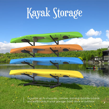 TPHUC Adjustable Kayak Storage Rack, Freestanding Sup Storage Stand, Weatherproof Canoe Holder, Heavy Duty Paddleboard Bracket, Surfboard Bracket for Indoor, Outdoor, Garage, Shed, Dock (4 Levels)