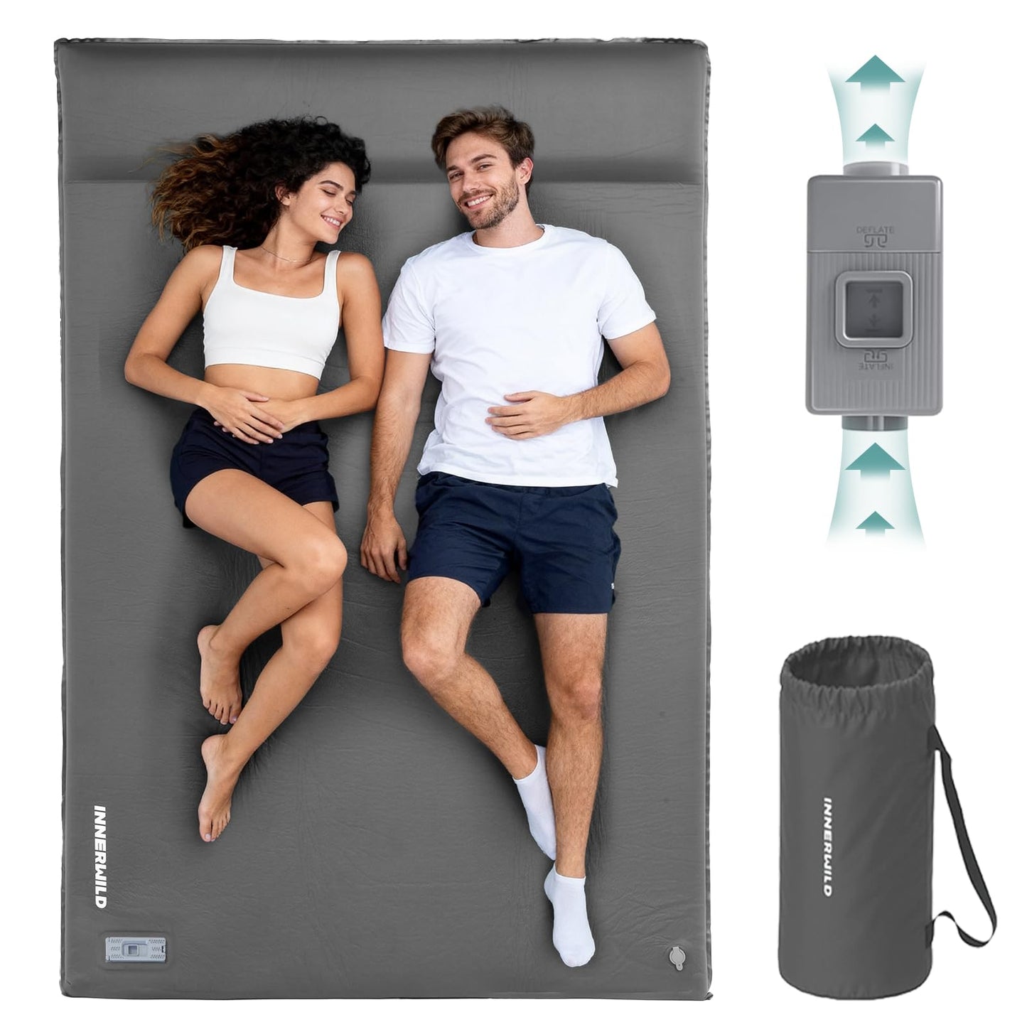 INNERWILD Double Camping Sleeping Pad with Electric Pump, 3.15" Thick 2 Person Self Inflating Memory Foam Mattress Pad with Pillow, Portable Sleeping Mat for Travel, Car, Tent, Home - Grey, Full Size