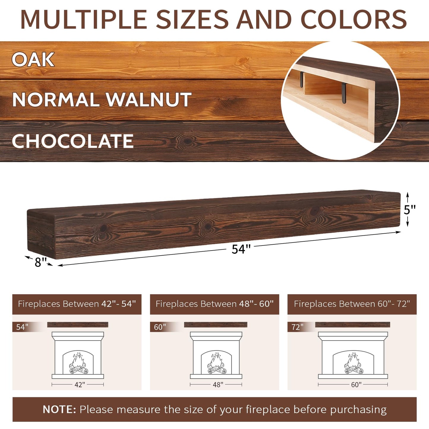 G GOOD GAIN Fireplace Mantel 54inch - Handmade Rustic Wood Mantel for Over Fireplace | Wall Mounted Floating Mantle Shelves for Living Room Decor(Chocolate, 54Lx5Hx8D)