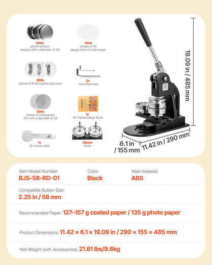 VEVOR Button Maker Machine, 2.25 in, Pin Maker Machine with 500pcs Button Parts, Circle Cutter, Hex Wrenches and Magic Book, Ergonomic Handle, for DIY Badges, Personalized Pins and Key Chains, Black
