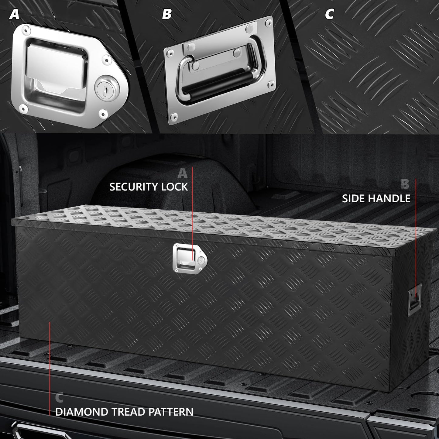DNA MOTORING Truck Tool Box Lockable Storage Box, Truck Bed Tool Box Truck Bed Organizer Aluminum Truck Tool Boxes for Bed of Truck, w/Lock & Keys, 47"L X 15" W X 15" H Black, TBOX-T5-001-BK