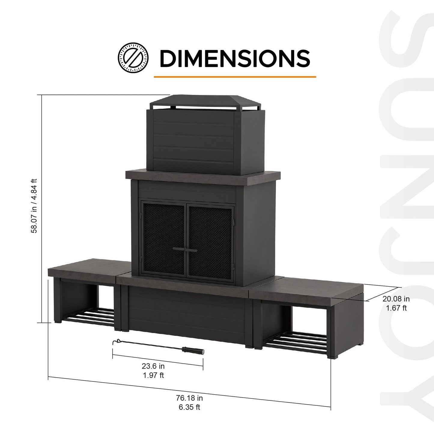 SUNJOY Outdoor Fireplace with Wood Storage and Chimney, Steel Metal Wood Burning Fire Pit with Mesh Spark Screen Door & Fire Poker, Fireplace Tool and PVC Cover, for Patio Garden Deck Backyard, Brown