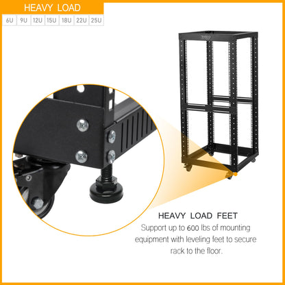 RIVECO 9U Open Frame Server Rack with Casters- Heavy Duty 4 Post Quick Assembly 19-inch, Stereo Rack Network Cabinet Black