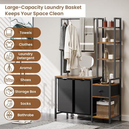 Creso hom Laundry Hamper with Shelf, 5 Tiers Tall Laundry Basket Sorter with 2 Pull-Out and Removable Bags, Clothes Rack with Laundry Sorter for Laundry Room Bathroom Bedroom, Rustic Brown