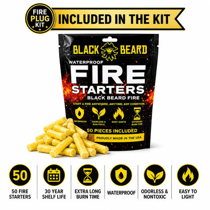 Black Beard Fire Plug Kit - 50 Waterproof Fire Plugs, Arc Lighter, Ferro Rod and Organizer Case for Camping, Backpacking and Emergency Survival