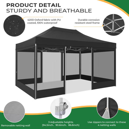 COBIZI 10x15 Heavy Duty Pop Up Canopy with 4 Sidewalls, Commercial Gazebo Party Tent with Mosquito Netting Wall Easy Set Up Outdoor Instant Screen Tent for Backyard, Patio, Garden, Black
