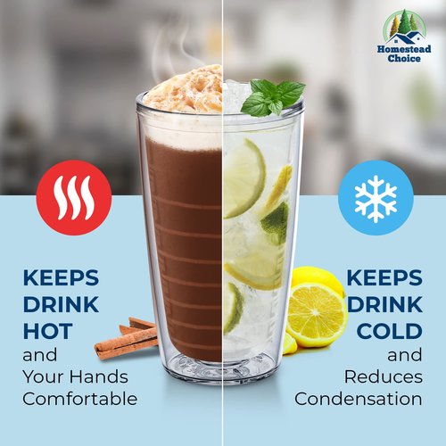Homestead Choice 16oz Insulated Tumblers Plastic Keeps Drinks Cold & Hot, 4pack Double Walled Clear Insulated Drinking Glasses Cup, BPA-Free, Reusable, Camping, Travel, Kitchen, Party