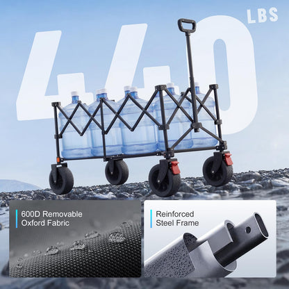 Overmont 46.6" L Extended Collapsible Wagon Cart - 440LBS Heavy Duty Foldable Beach Wagon with Big All-Terrain Wheels - Portable Folding Utility Wagon for Camping Sports Grocery Garden Shopping
