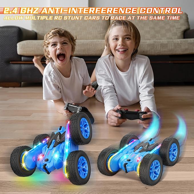 Remote Control Car Rc Cars Stunt Toys New Upgraded Strip Lights and Headlights Toys Double-Sided 360° Rotating 4WD Drift Truck for Boys Girls Birthday Gift (Blue)