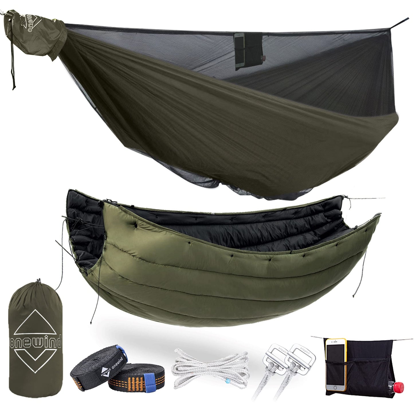 Onewind 11' Camping Hammock with Hammock Underquilt, Full Length, Lightweight and Portable Camping Sleep System, OD Green