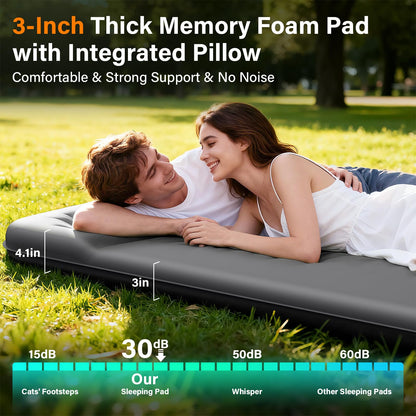 HiiPeak Double Camping Sleeping Pad with Electric Pump, 3" Thick 2 Person Self Inflating Memory Foam Mattress Pad with Pillow, Portable Sleeping Mat for Travel, Car, Tent, Full Size (Gray)