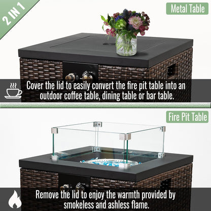 GDFStudio 22" Outdoor Propane Gas Fire Pit Table, 40,000 BTU Square Patio Heater with Wicker Base, Glass Wind Guard & Rain Cover, Small Outdoor Firepit for Garden Deck Backyard, Dark Brown