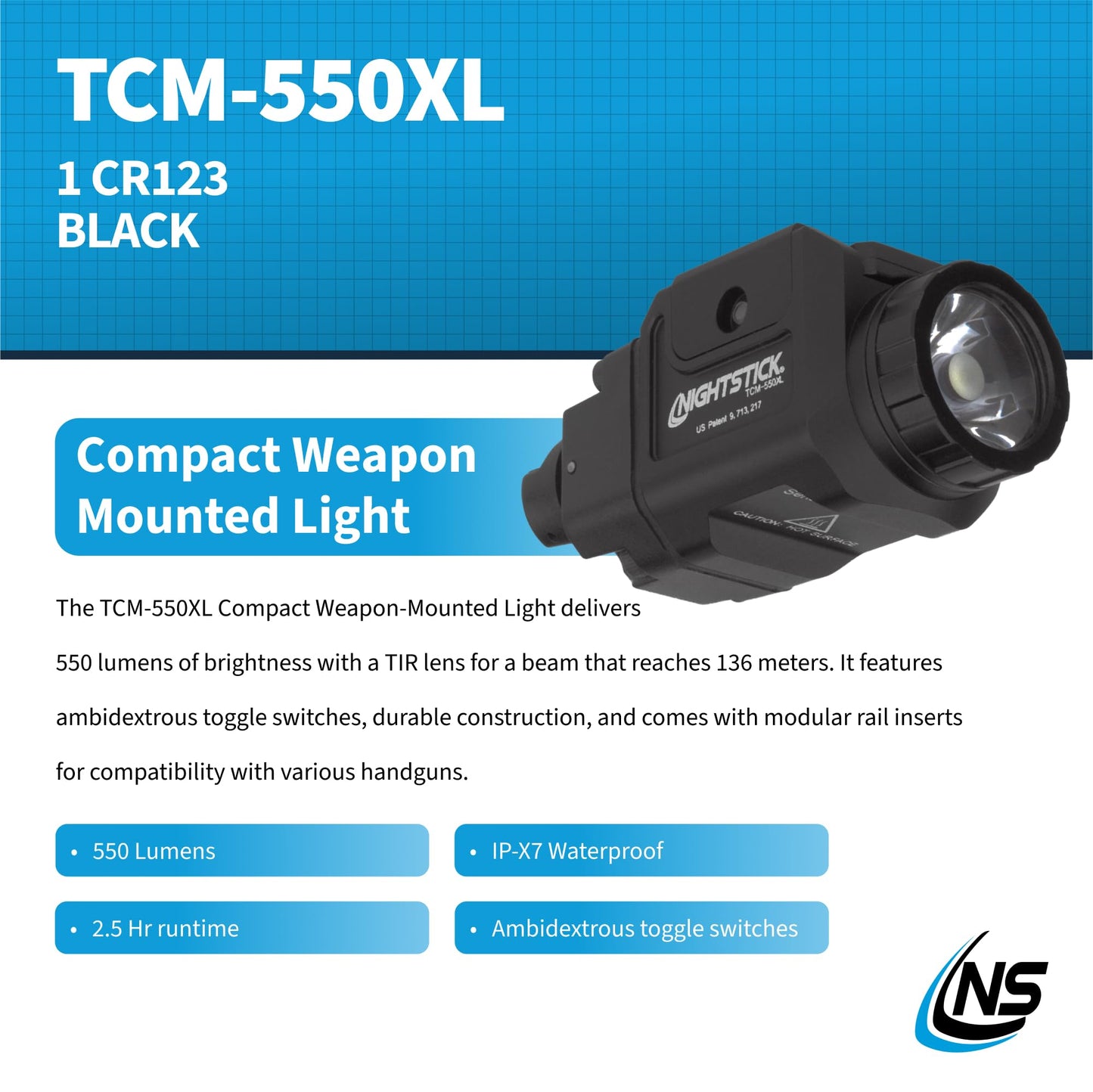 Nightstick TCM-550XL Compact Rail-Mounted Tactical Light - Waterproof Impact-Resistant Tactical Flashlight with Easy Momentary and Constant-On Switches