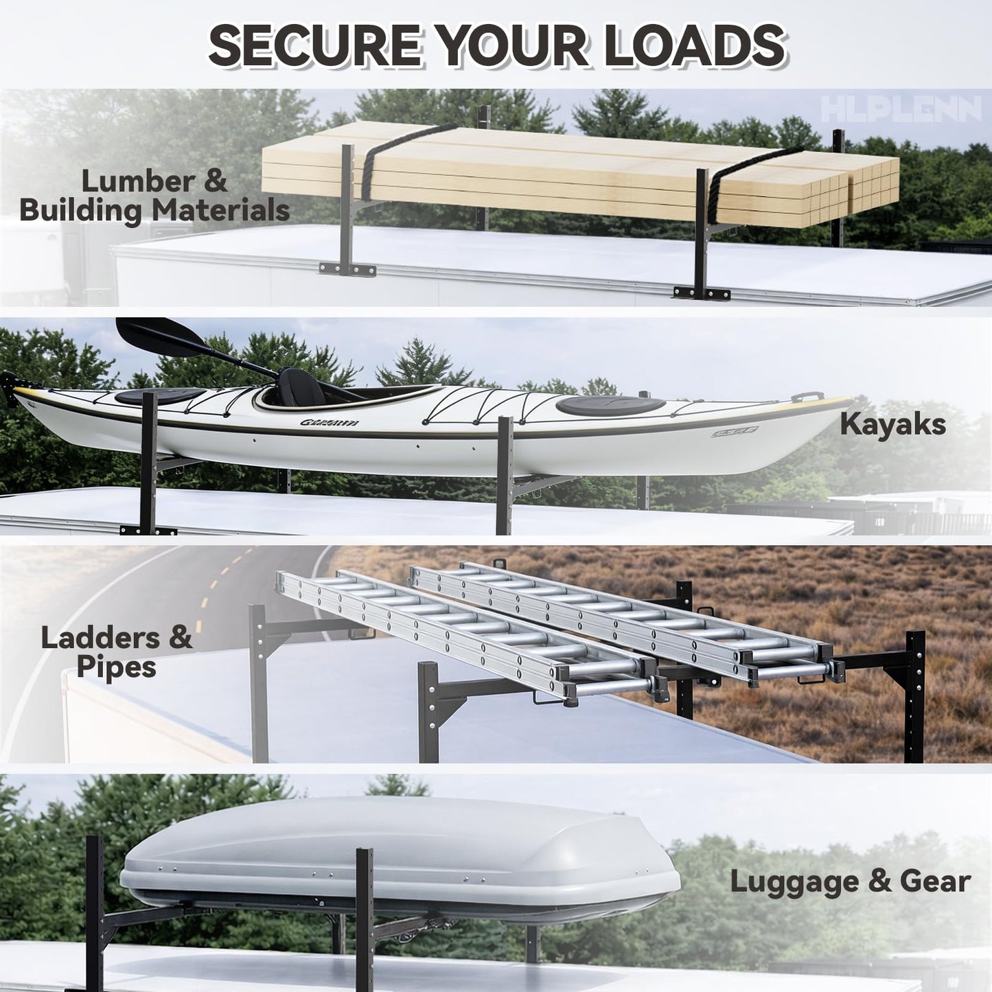 Universal Trailer Ladder Rack, Heavy Duty Adjustable Roof Ladder Rack for Enclosed & Open Trailers, 52.6"-88.4" W & 6.5"-23.5" H Adjustable, 400 lbs Capacity, Rustproof Steel with Ladder Stoppers