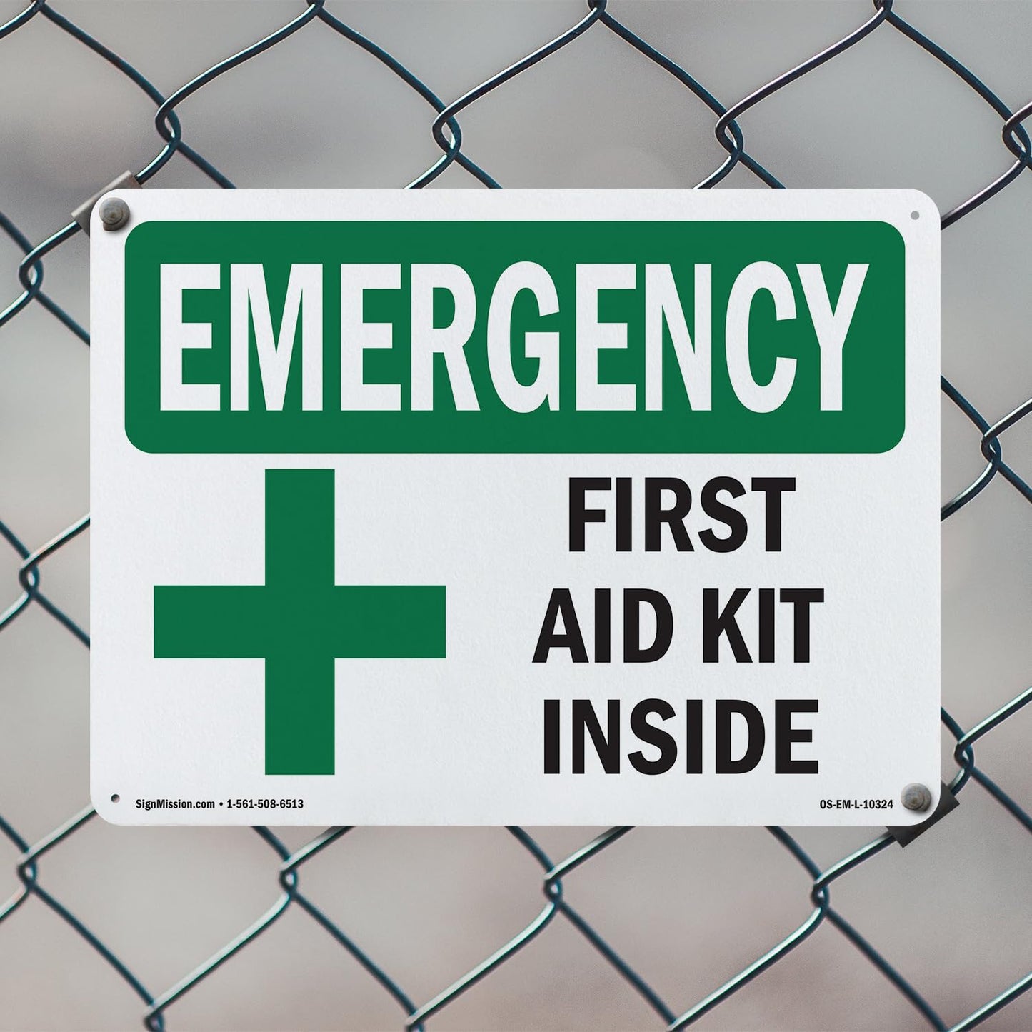 First Aid Kit Inside OSHA Emergency Rigid Plastic Sign 18 Inch x 12 Inch - 10 Pack