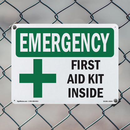 First Aid Kit Inside OSHA Emergency Rigid Plastic Sign 18 Inch x 12 Inch - 10 Pack