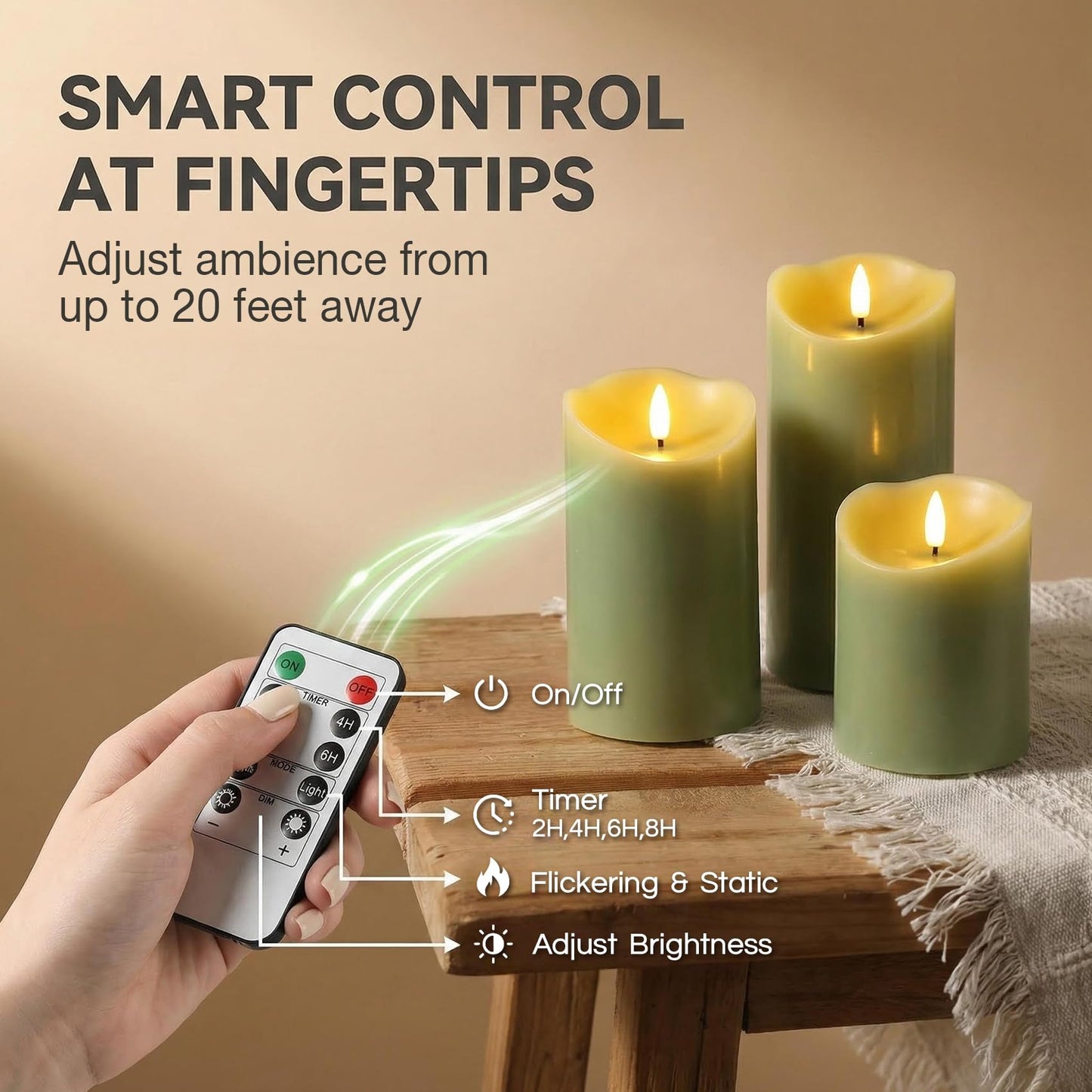 Eywamage Sage Green Flameless Pillar Candles with Remote, Flickering LED Wax Candles Battery Operated Spring Home Decor Set of 3