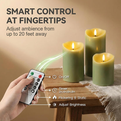Eywamage Sage Green Flameless Pillar Candles with Remote, Flickering LED Wax Candles Battery Operated Spring Home Decor Set of 3