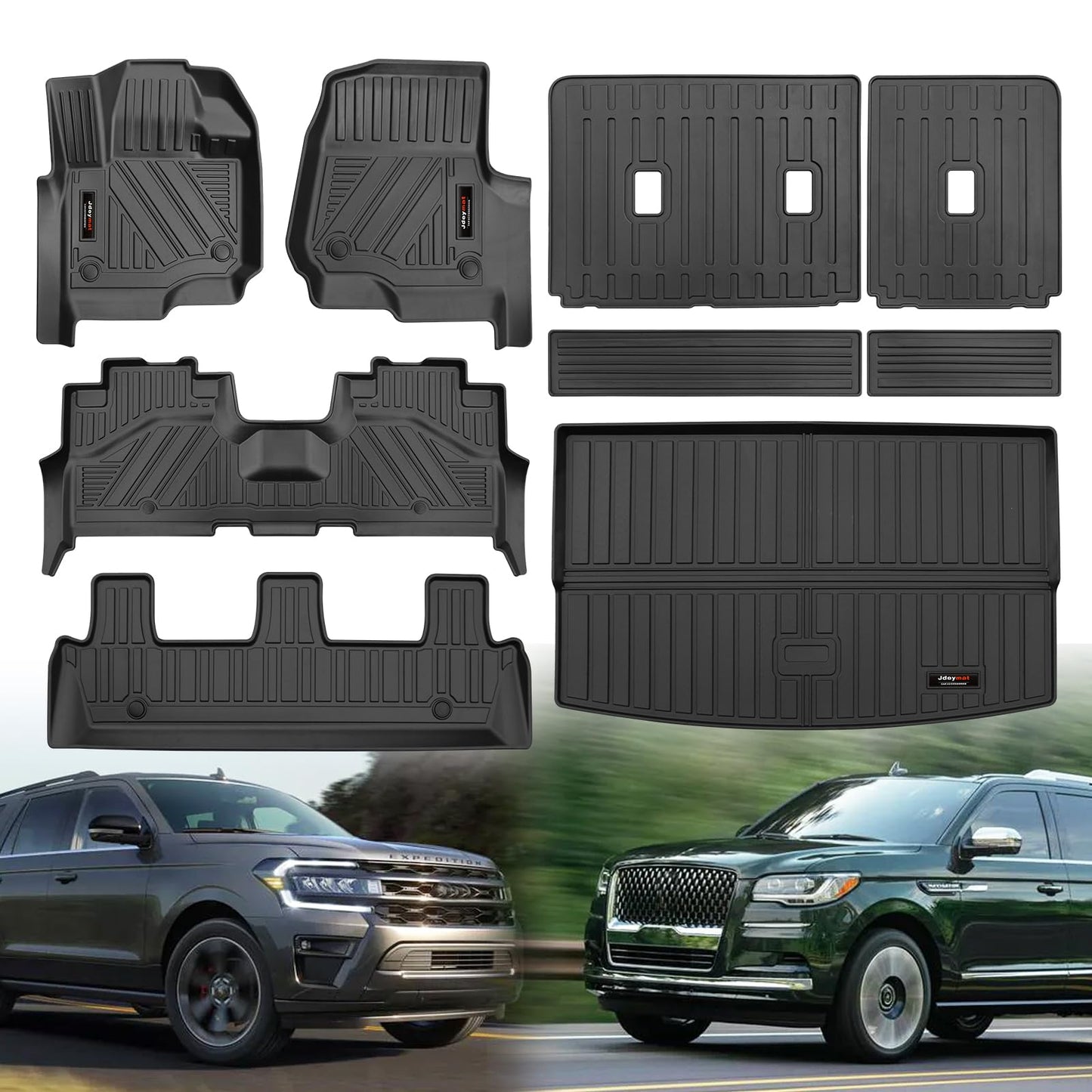 Jdeymat for Ford Expedition Max/Lincoln Navigator L 8-Seater 2018-2024 Floor Mats 3 Rows Trunk Cargo Liner and Backrest Mats All Weather TPE Accessories (8 Seat Full Set-Only for MAX Or L)