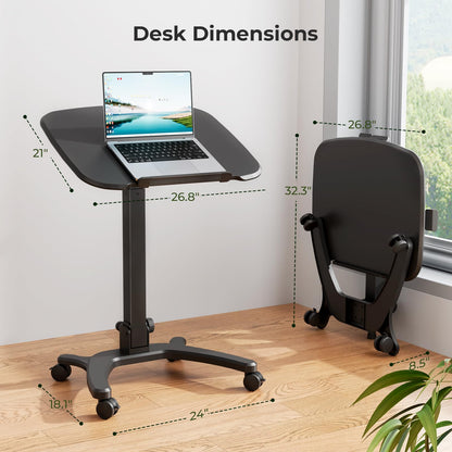 JYLH JOYSEEKER Foldable Mobile Standing Desk, 27"×21" Portable Rolling Laptop Cart with 90° Tiltable Board, Height Adjustable Mobile Desk Workstation with Wheels, Folding Table for Home Office, Black