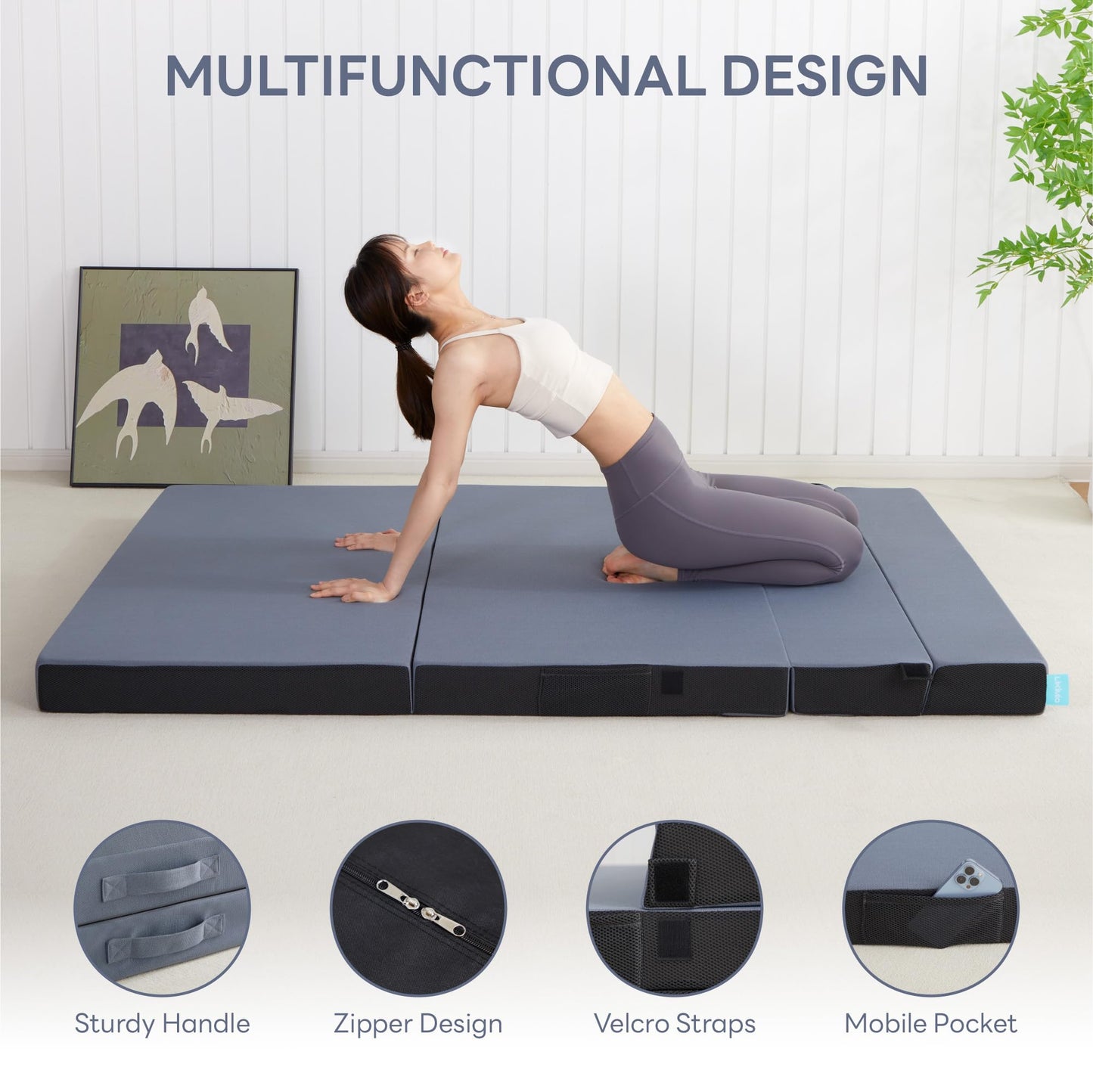 LIKIMIO Folding Mattress Queen, High Density Foam Mattress with Breathable and Washable Cover & Storage Bag, 4 Inch Foldable Mat Topper for Camping, RV and Yoga, Handle Design, Blue