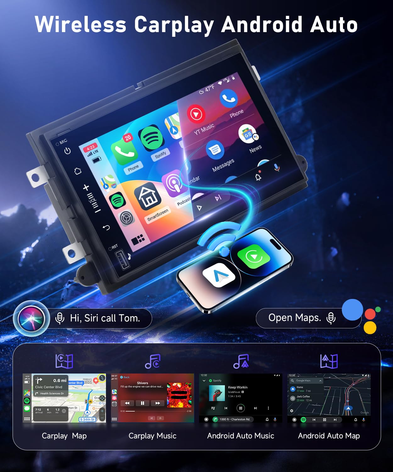 4G+64G Car Radio Stereo for Ford F150 F250 F350 Fusion Edge Explorer Expedition, 7“ IPS Touch Screen/Android 15/Wireless CarPlay/Android Auto/DSP/GPS/WiFi/5.0Bluetooth/SWC/AHD Backup Camera
